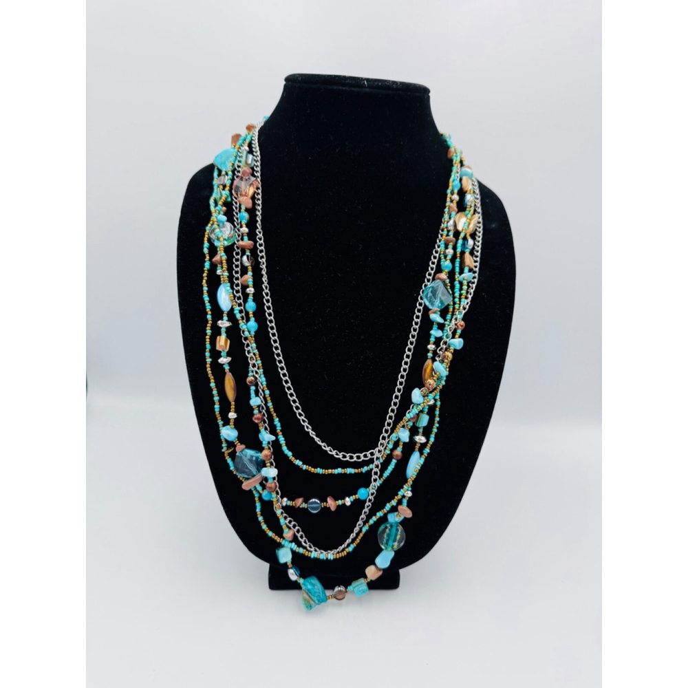 Multi-Strand Beaded Statement Necklace, Turquoise Silver Bronze Coastal Colors